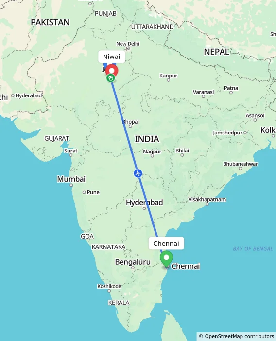 Route map showing distance and travel time from Chennai, India to Niwai, India