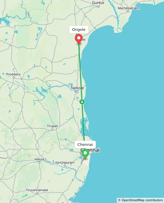 Route map showing distance and travel time from Chennai, India to Ongole, India