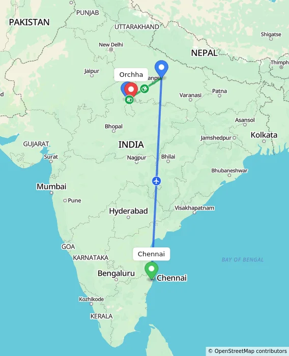 Route map showing distance and travel time from Chennai, India to Orchha, India