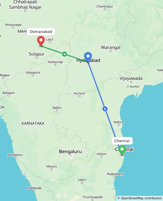 Route map showing distance and travel time from Chennai, India to Osmanabad, India