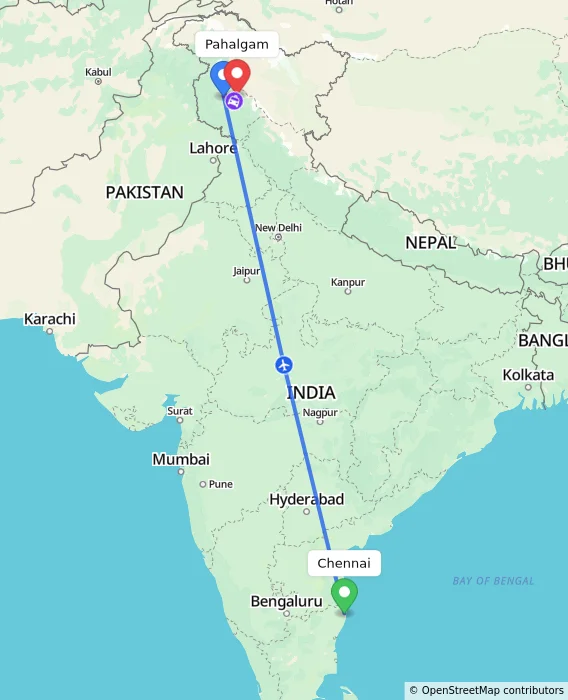 Route map showing distance and travel time from Chennai, India to Pahalgam, India