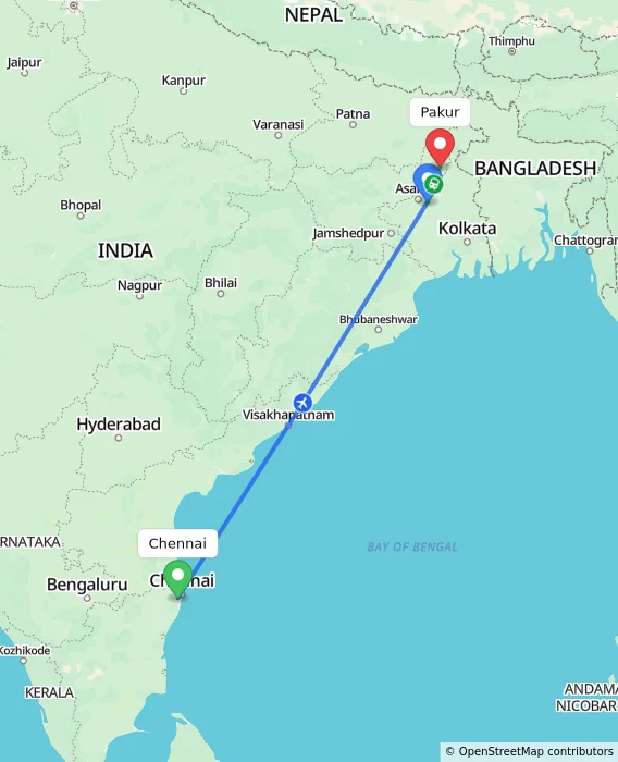 Route map showing distance and travel time from Chennai, India to Pakur, India