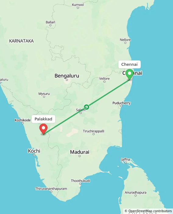 Route map showing distance and travel time from Chennai, India to Palakkad, India