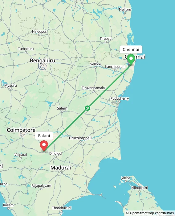 Route map showing distance and travel time from Chennai, India to Palani, India