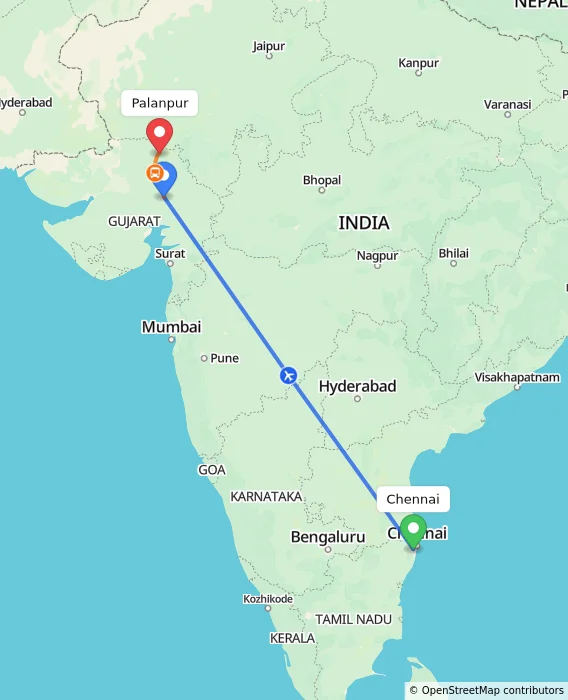 Route map showing distance and travel time from Chennai, India to Palanpur, India