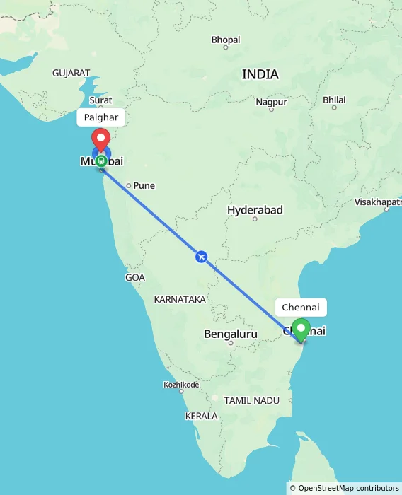 Route map showing distance and travel time from Chennai, India to Palghar, India