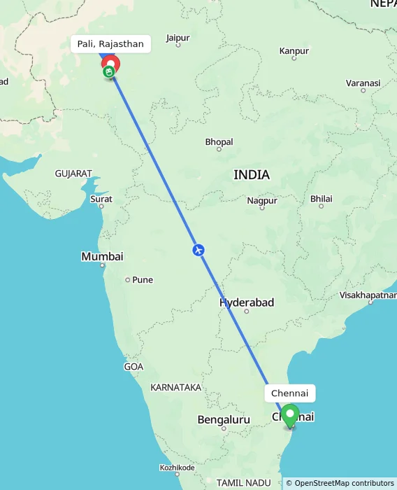 Route map showing distance and travel time from Chennai, India to Pali, Rajasthan, India