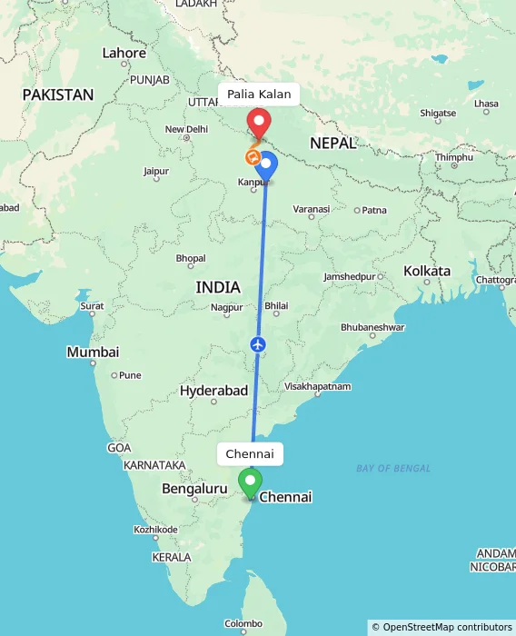 Route map showing distance and travel time from Chennai, India to Palia Kalan, India