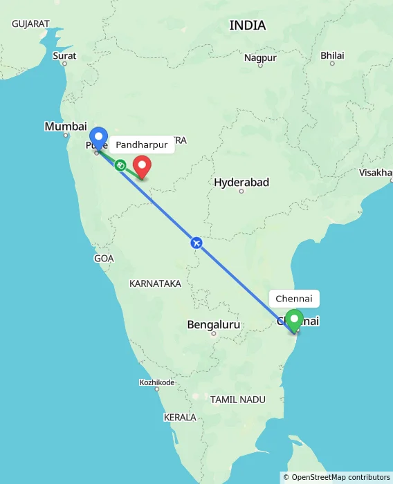 Route map showing distance and travel time from Chennai, India to Pandharpur, India