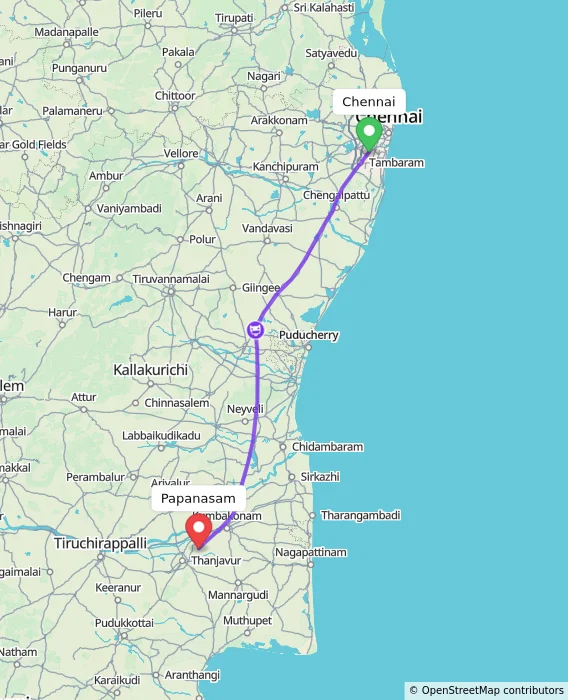 Route map showing distance and travel time from Chennai, India to Papanasam, India