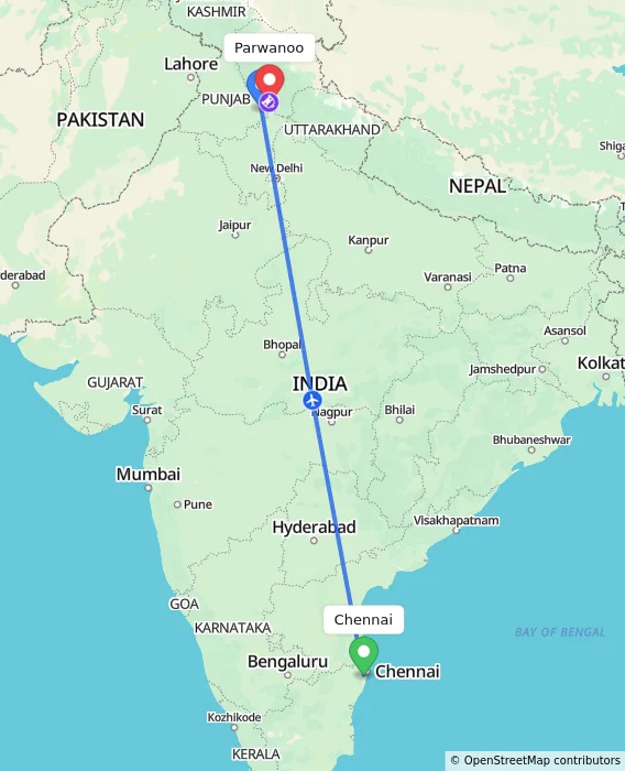 Route map showing distance and travel time from Chennai, India to Parwanoo, India