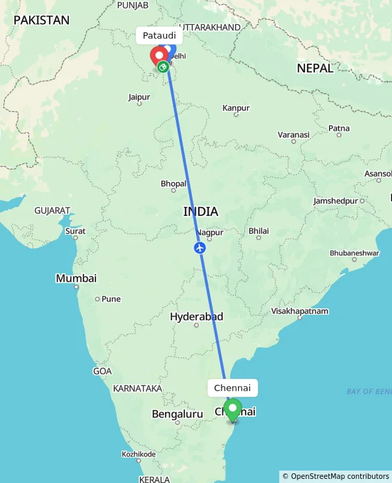 Route map showing distance and travel time from Chennai, India to Pataudi, India