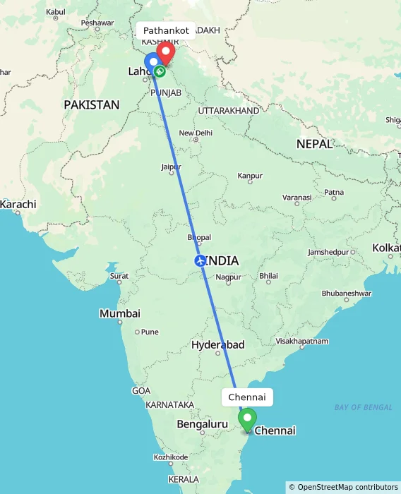 Route map showing distance and travel time from Chennai, India to Pathankot, India