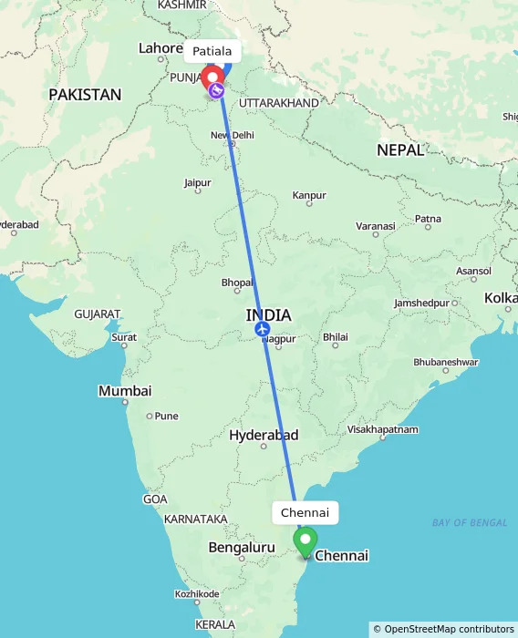 Route map showing distance and travel time from Chennai, India to Patiala, India