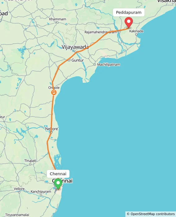 Route map showing distance and travel time from Chennai, India to Peddapuram, India