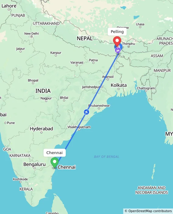 Route map showing distance and travel time from Chennai, India to Pelling, India
