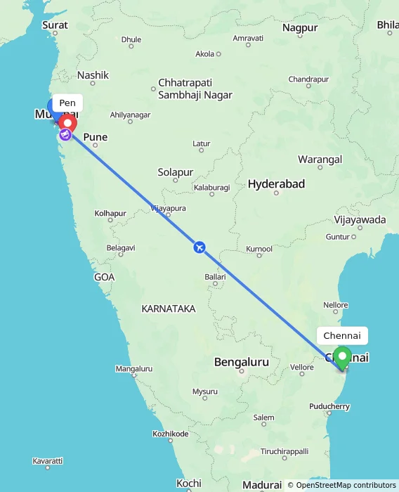 Route map showing distance and travel time from Chennai, India to Pen, India
