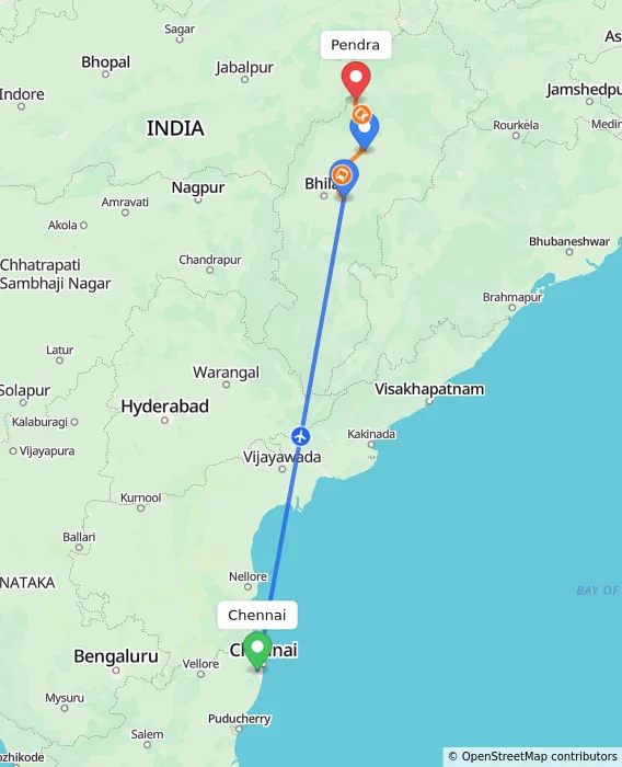 Route map showing distance and travel time from Chennai, India to Pendra, India