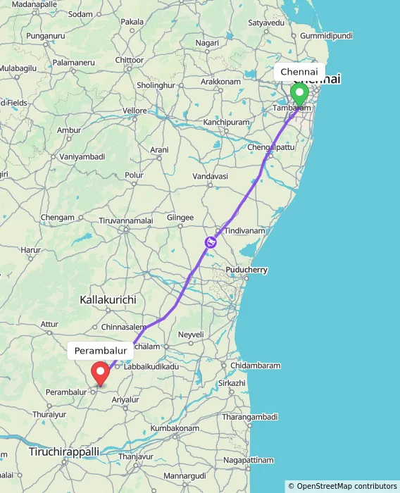 Route map showing distance and travel time from Chennai, India to Perambalur, India