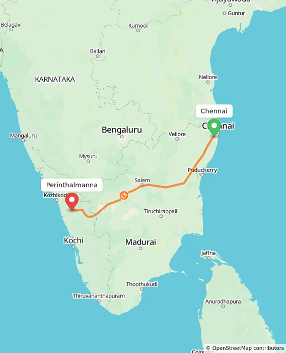 Route map showing distance and travel time from Chennai, India to Perinthalmanna, India