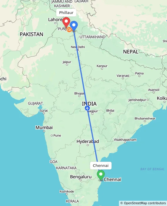 Route map showing distance and travel time from Chennai, India to Phillaur, India