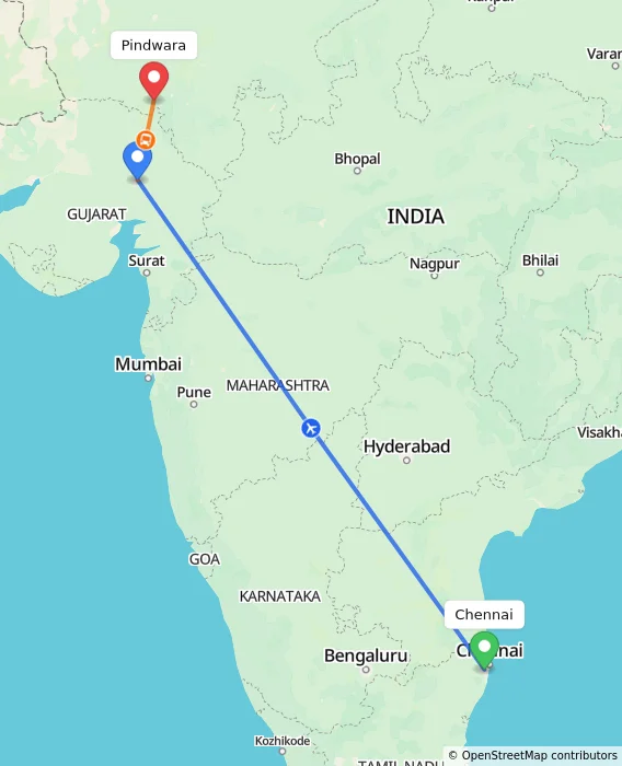 Route map showing distance and travel time from Chennai, India to Pindwara, India
