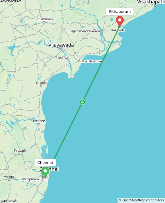 Route map showing distance and travel time from Chennai, India to Pithapuram, India
