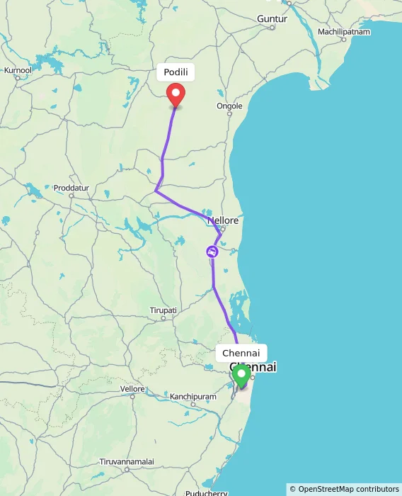 Route map showing distance and travel time from Chennai, India to Podili, India