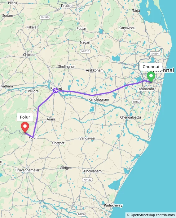 Route map showing distance and travel time from Chennai, India to Polur, India