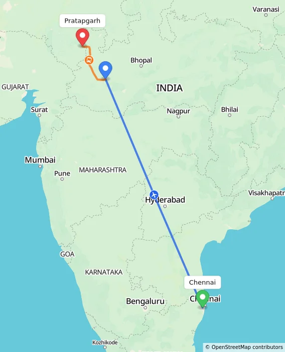 Route map showing distance and travel time from Chennai, India to Pratapgarh, India