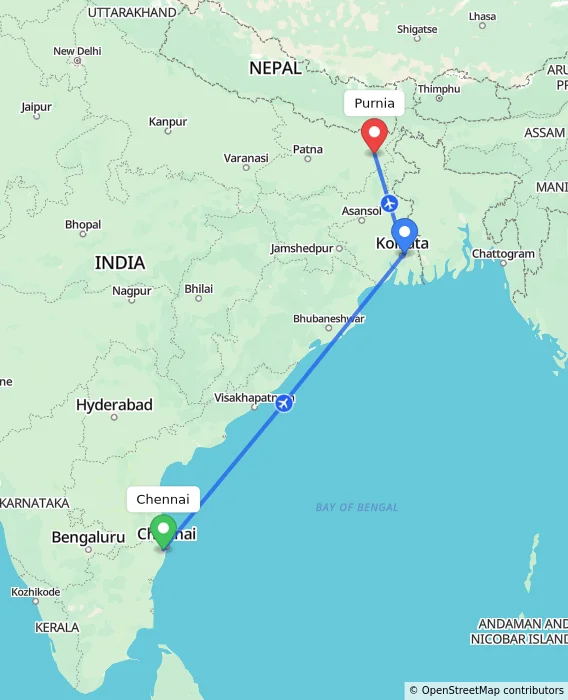 Route map showing distance and travel time from Chennai, India to Purnia, India