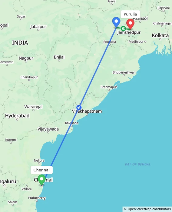 Route map showing distance and travel time from Chennai, India to Purulia, India