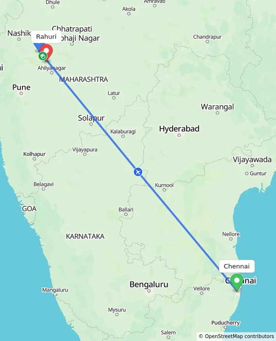 Route map showing distance and travel time from Chennai, India to Rahuri, India