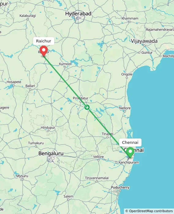 Route map showing distance and travel time from Chennai, India to Raichur, India