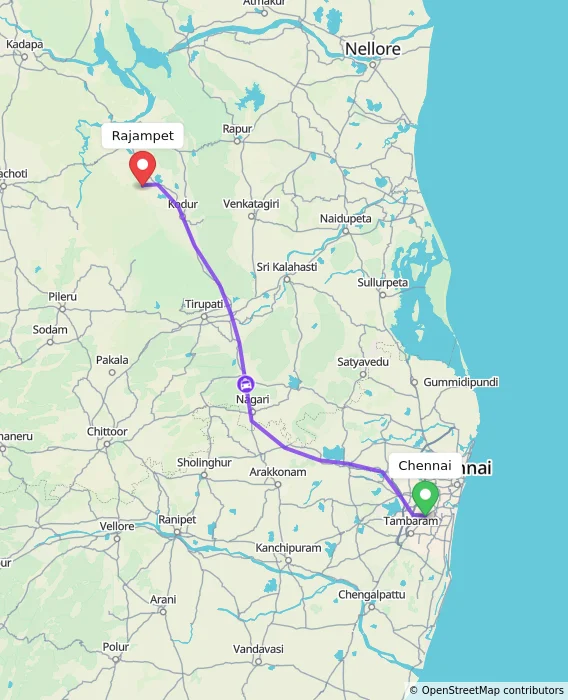 Route map showing distance and travel time from Chennai, India to Rajampet, India