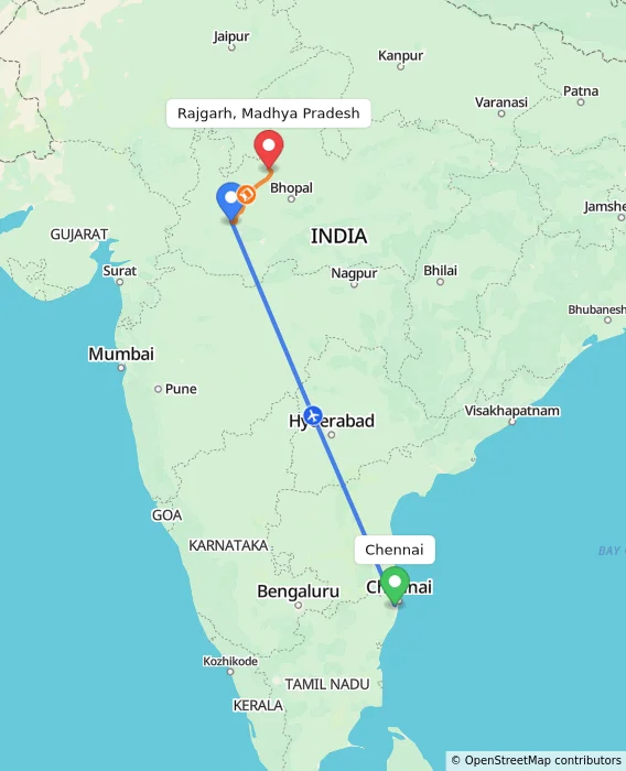 Route map showing distance and travel time from Chennai, India to Rajgarh, Madhya Pradesh, India