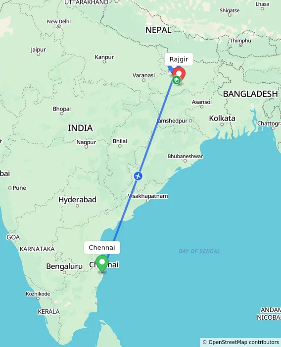 Route map showing distance and travel time from Chennai, India to Rajgir, India