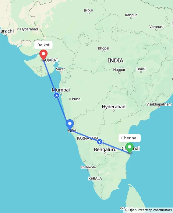 Route map showing distance and travel time from Chennai, India to Rajkot, India