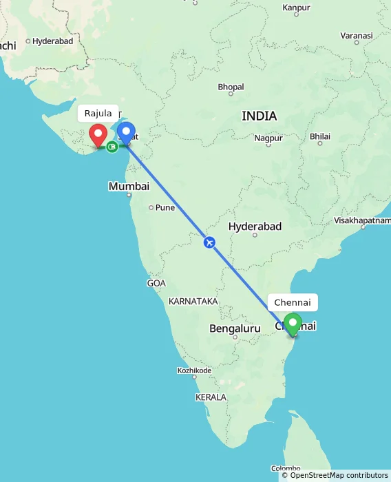 Route map showing distance and travel time from Chennai, India to Rajula, India