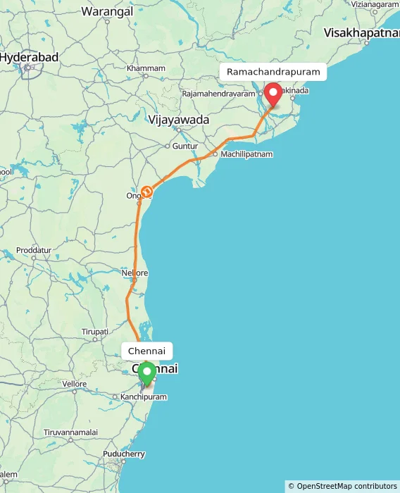 Route map showing distance and travel time from Chennai, India to Ramachandrapuram, India