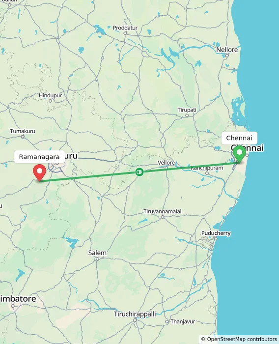 Route map showing distance and travel time from Chennai, India to Ramanagara, India