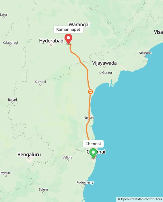 Route map showing distance and travel time from Chennai, India to Ramannapet, India
