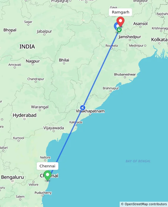 Route map showing distance and travel time from Chennai, India to Ramgarh, India