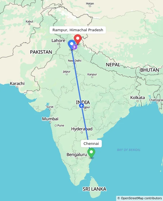 Route map showing distance and travel time from Chennai, India to Rampur, Himachal Pradesh, India