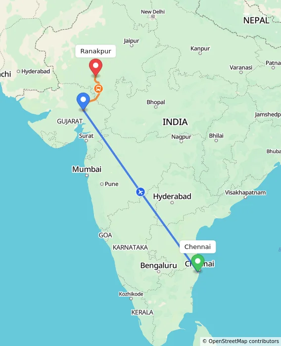 Route map showing distance and travel time from Chennai, India to Ranakpur, India