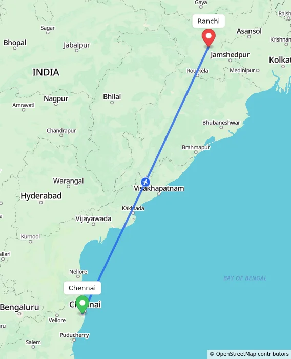 Route map showing distance and travel time from Chennai, India to Ranchi, India