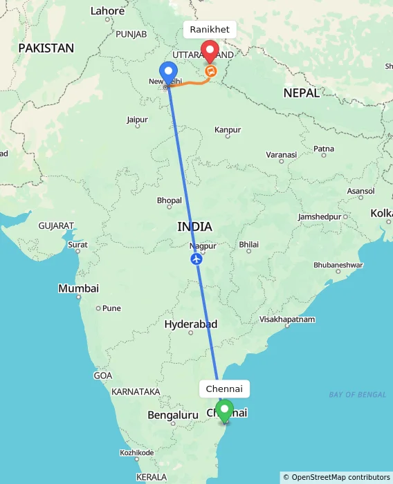 Route map showing distance and travel time from Chennai, India to Ranikhet, India