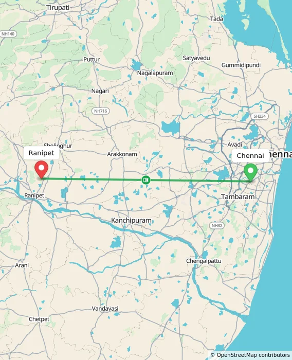 Route map showing distance and travel time from Chennai, India to Ranipet, India