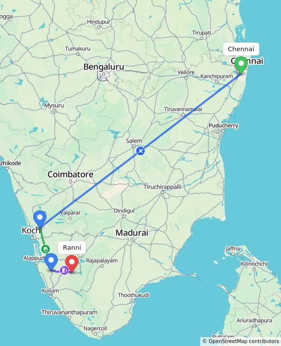 Route map showing distance and travel time from Chennai, India to Ranni, India