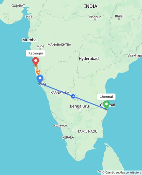 Route map showing distance and travel time from Chennai, India to Ratnagiri, India